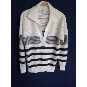 Heartloom Women's Medium Shirt Boho Retro Vneck Sweater Top Cream Navy Blue Sz M